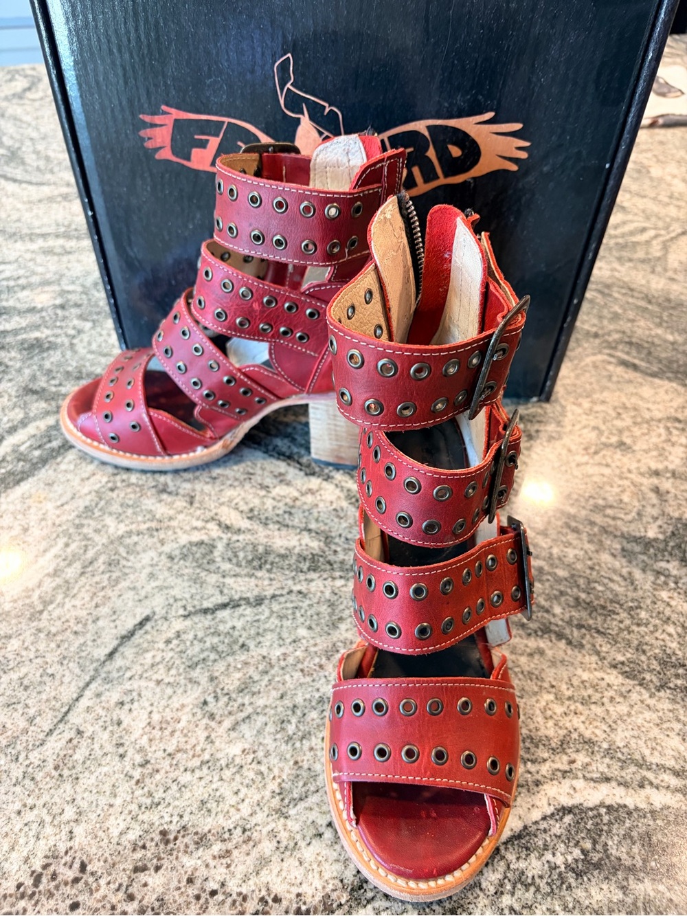 Frye Red Grommet Multi-Strap Block Heel Sandals